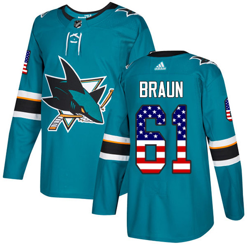 Adidas Sharks #61 Justin Braun Teal Home Authentic USA Flag Stitched NHL Jersey